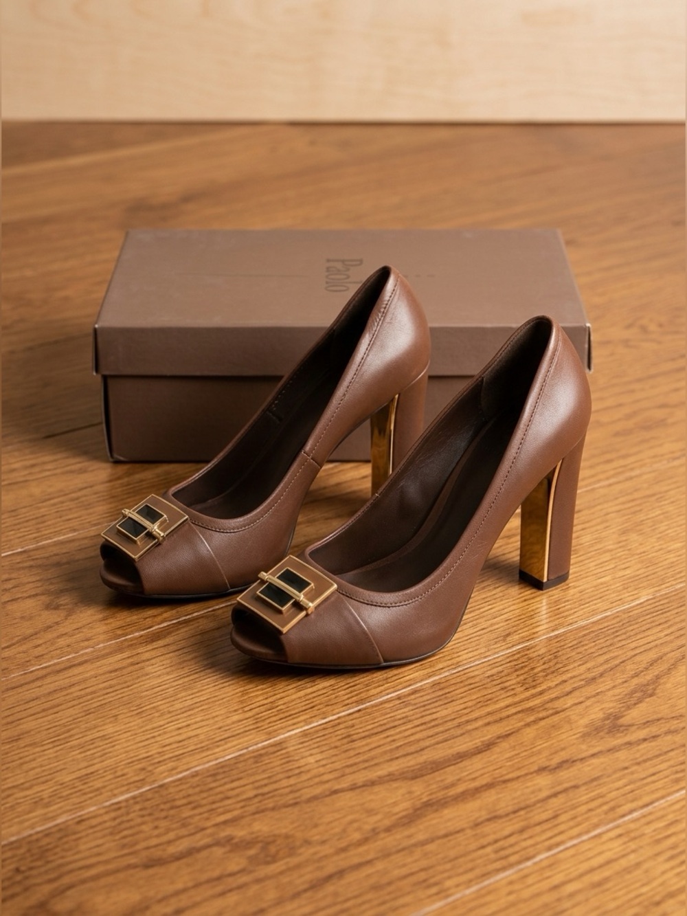 Women's Tory Burch Brown Leather Peep-Toe Block Heel Pumps with Gold Accent